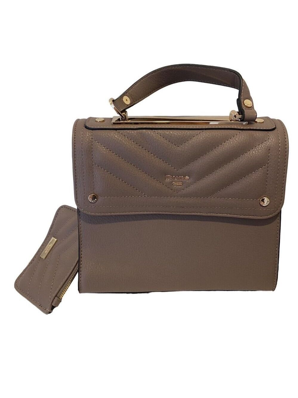 Dune London Taupe Quilted VeganLeather Handbag Chain Attached mini wallet & Gold